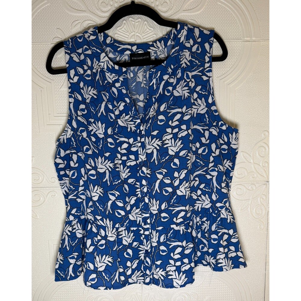 Fortune Ivy Womens Floral Sleeveless V Neck Blouse Top Sz XL Ruffle Hem SKU 182